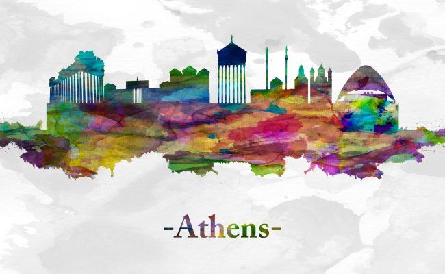 Watercolor,Skyline,Of,Athens,The,Capital,Of,Greece.,It,Was